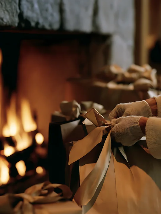 Gift bags and wrapped packages beside a glowing fireplace in a warmly lit room.