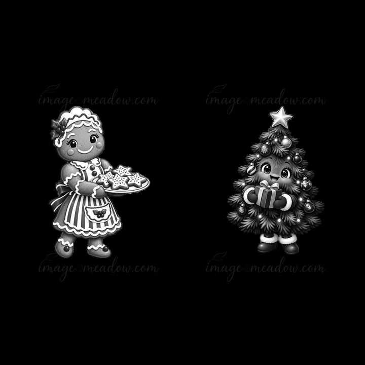 A gingerbread girl holds a plate of decorated cookies while a cute Christmas tree stands beside her, complete with a star on top and a present at its base. This