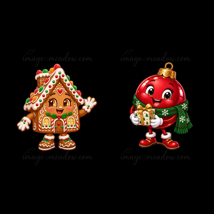 A gingerbread house with colorful icing smiles and waves beside a cheerful Christmas ornament holding a gift. Both characters represent holiday cheer in a fun,