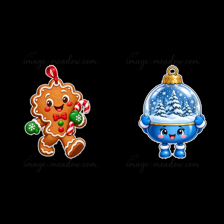 A gingerbread man cookie holds a candy cane in one hand. Beside it, a snow globe features a snowy scene. Both stickers showcase vibrant colors, perfect for Chri