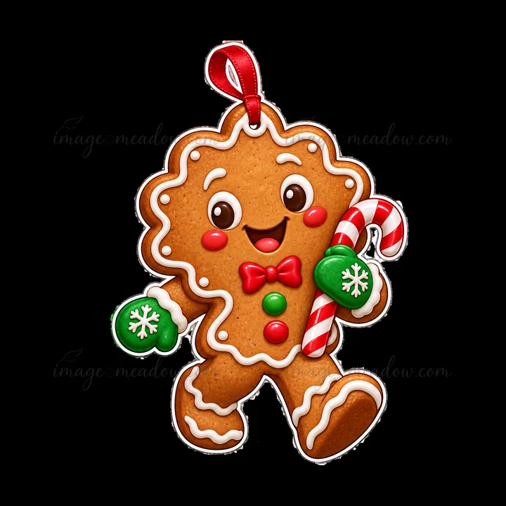 Gingerbread man ornament smiles while holding a red and white candy cane. It wears green gloves and has colorful buttons. This festive character represents holi