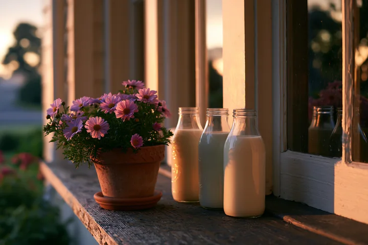 Glass milk bottles on a doorstep at sunrise are placed next to a potted flower.