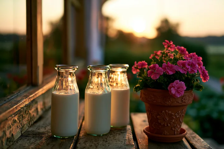 Glass milk bottles on a doorstep at sunrise sit next to a potted flower.