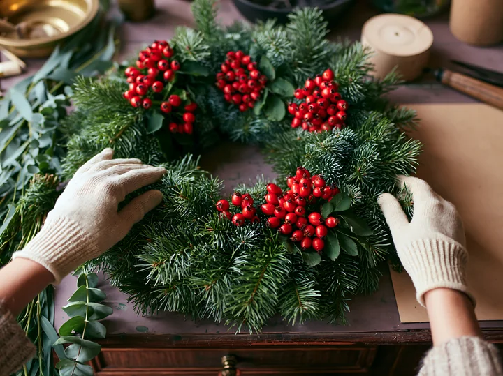 Gloved hands arrange a pine wreath with red berries on a wooden table.