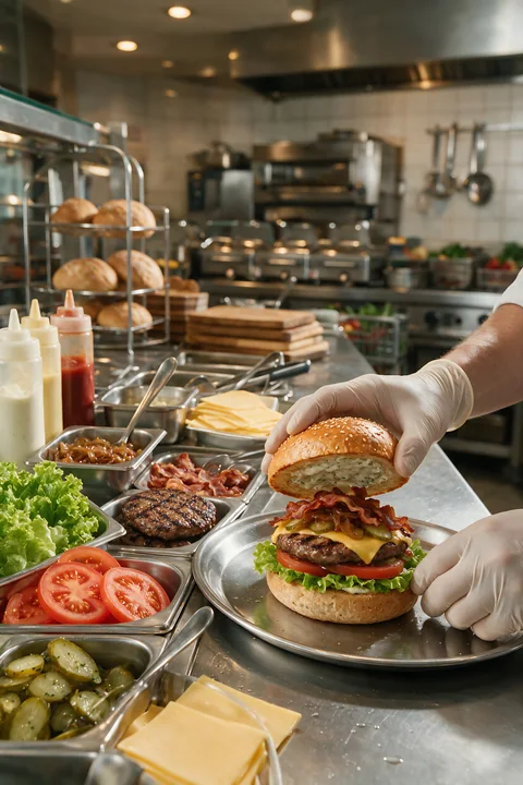 Gloved hands assemble a loaded cheeseburger at a commercial kitchen buffet station with toppings and sauces.