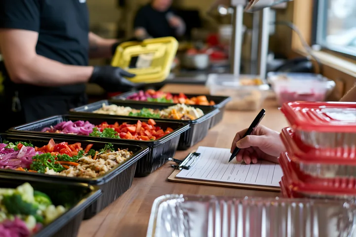 Gloved worker packs buffet food into containers beside a clipboard and prepared dishes.