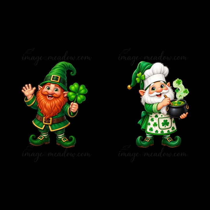 Two gnome characters celebrate St. Patrick's Day. One gnome holds a four-leaf clover while the other stirs a pot of green coins. Both wear festive green outfits