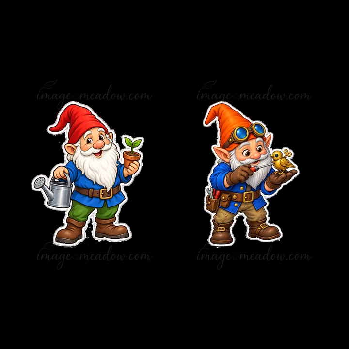 Two gnomes are featured. One gnome holds a watering can and a small plant, while the other gnome holds a snail. They both wear colorful hats and stand on a simp