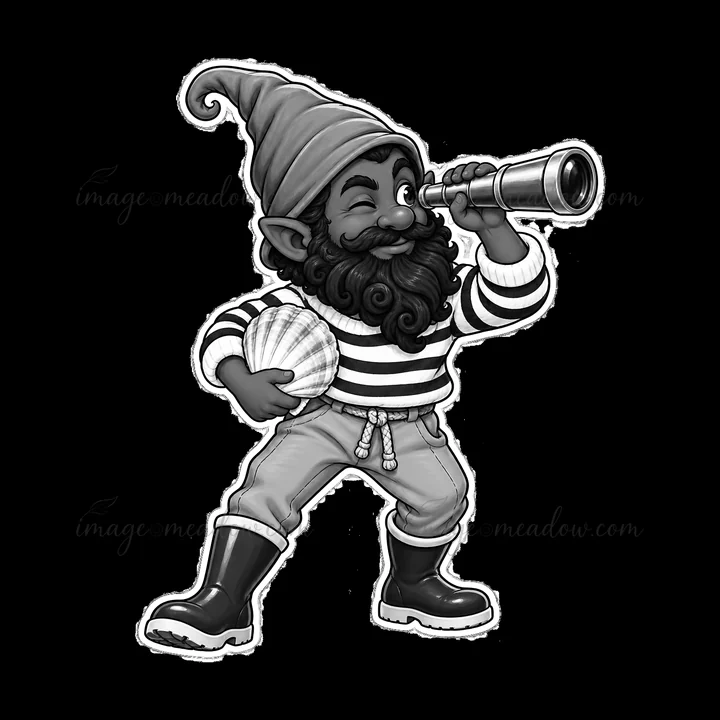 A gnome character dressed in striped attire holds a shell in one hand and a telescope in the other. He stands confidently, ready for an adventure by the sea.