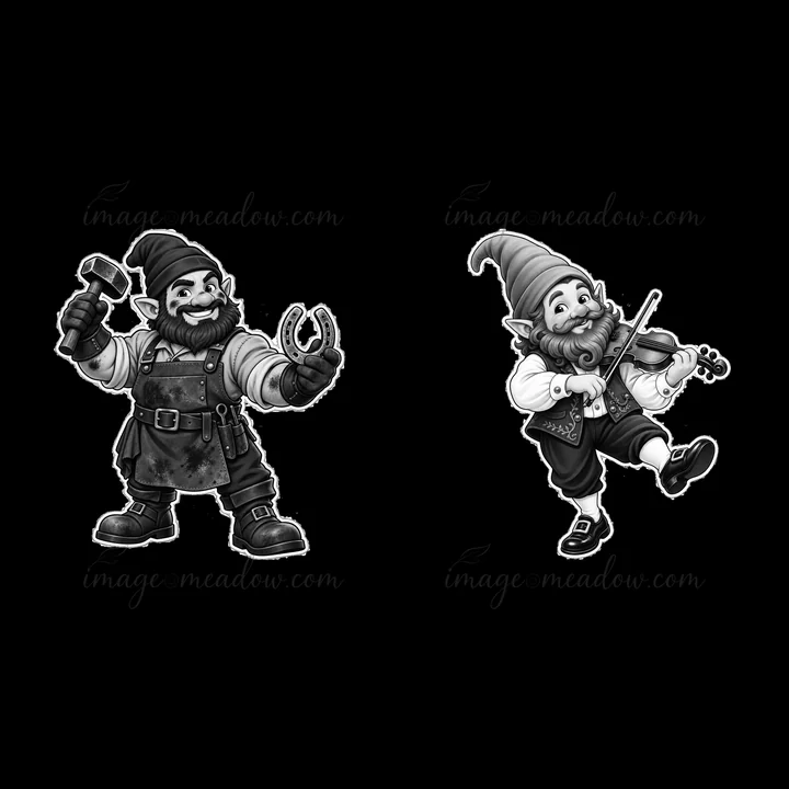 A gnome stands with a hammer and horseshoe in one hand while another gnome twirls and plays a violin. This lively scene features two distinct gnomes showcasing