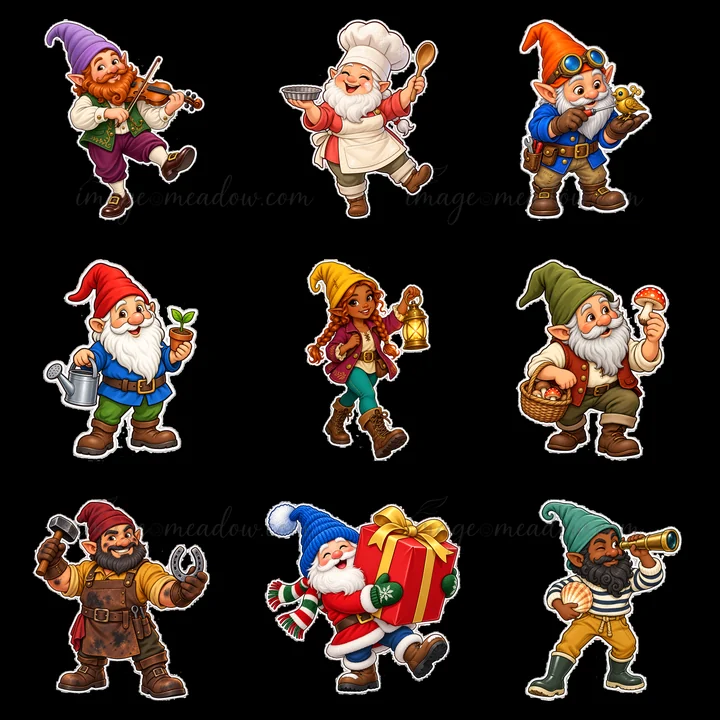 Nine gnomes are showing different actions and expressions. They include a musician, a chef, a gardener, and a girl with a basket. Each character wears colorful