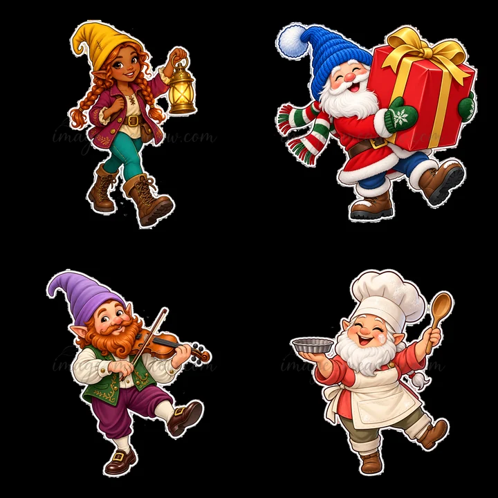 Four cartoon gnomes are present in a 2x2 layout. One gnome holds a lantern, another carries a gift, a third plays a violin, and the last wears a chef's outfit w