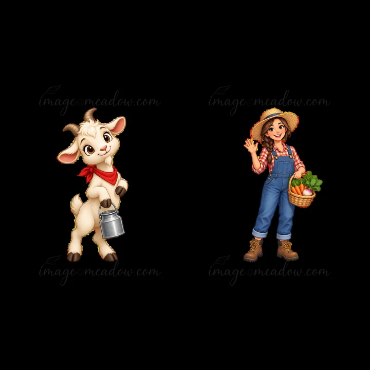 A goat stands on the left, holding a bucket with its mouth. On the right, a farmer waves while holding a basket filled with vegetables. Both characters are in a