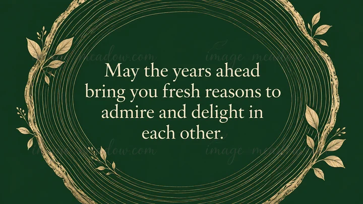 Elegant wedding greeting card design with cream lettering inside a gold oval frame of fine lines and leafy sprigs on a deep green background. The message reads,