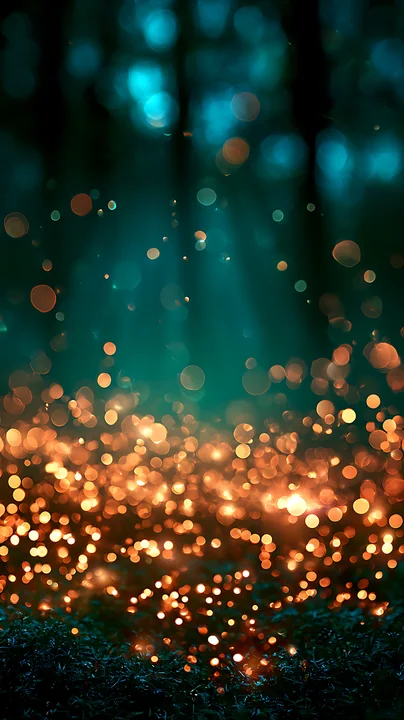 Golden bokeh lights shimmer against a dark backdrop of trees in a forest during dusk, creating a magical atmosphere filled with light and shadow.