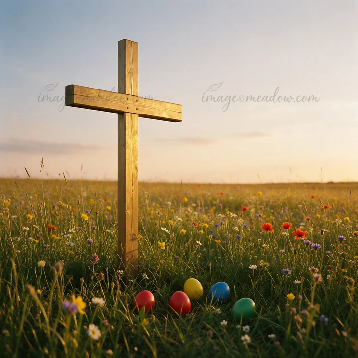 A golden Christian cross stands in a meadow filled with wildflowers during sunset. Colorful eggs are placed in front of the cross, adding a festive touch to the