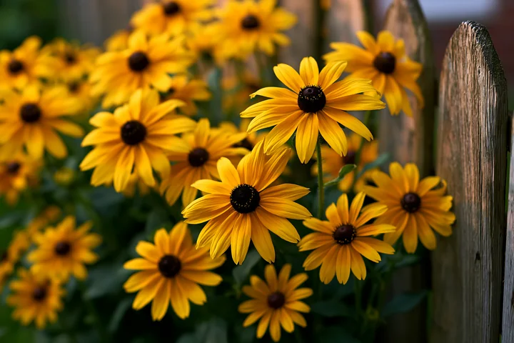 Golden rudbeckia flowers bloom in sunlight beside a weathered wooden fence.