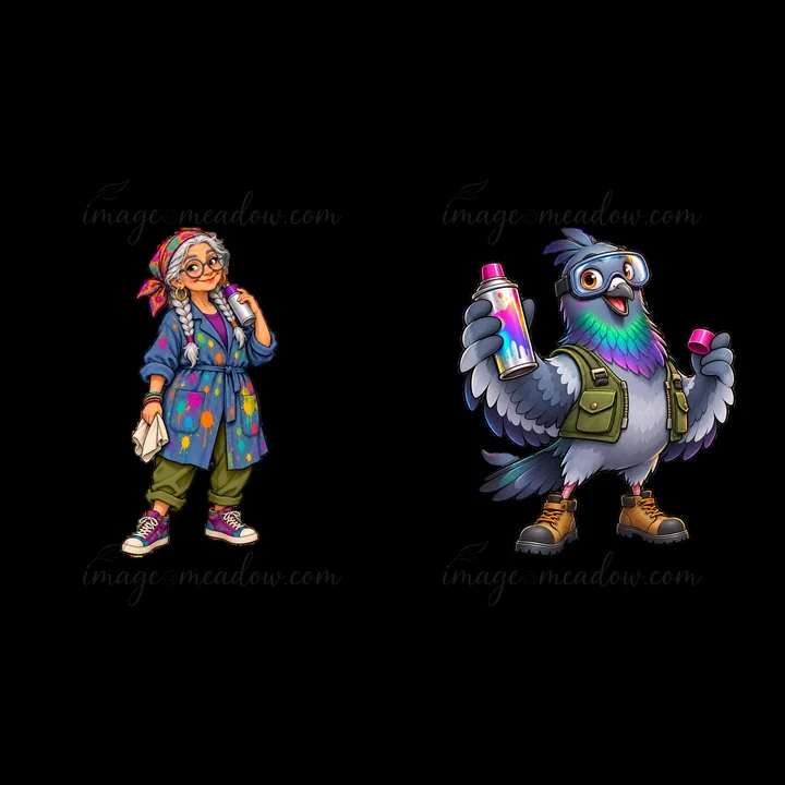 A graffiti artist stands confidently with a spray can in hand, wearing a colorful outfit and glasses. Beside her, a vibrant pigeon holds a spray can, ready to c