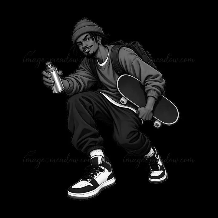 A young graffiti artist crouches, holding a spray can in one hand and a skateboard in the other. He wears casual streetwear with a beanie, ready to create urban