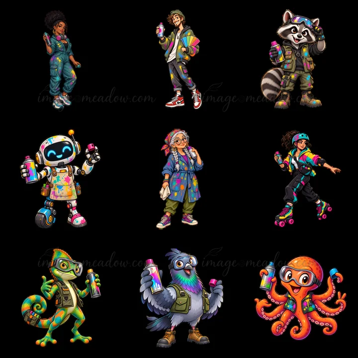 Nine cartoon characters are shown, each holding spray cans. The characters include a raccoon, robot, chameleon, pigeon, octopus, and diverse people in colorful