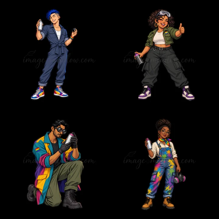 Four cartoon characters are shown as graffiti spray painters. Each character holds a spray can and is dressed in colorful streetwear. They are in an urban setti