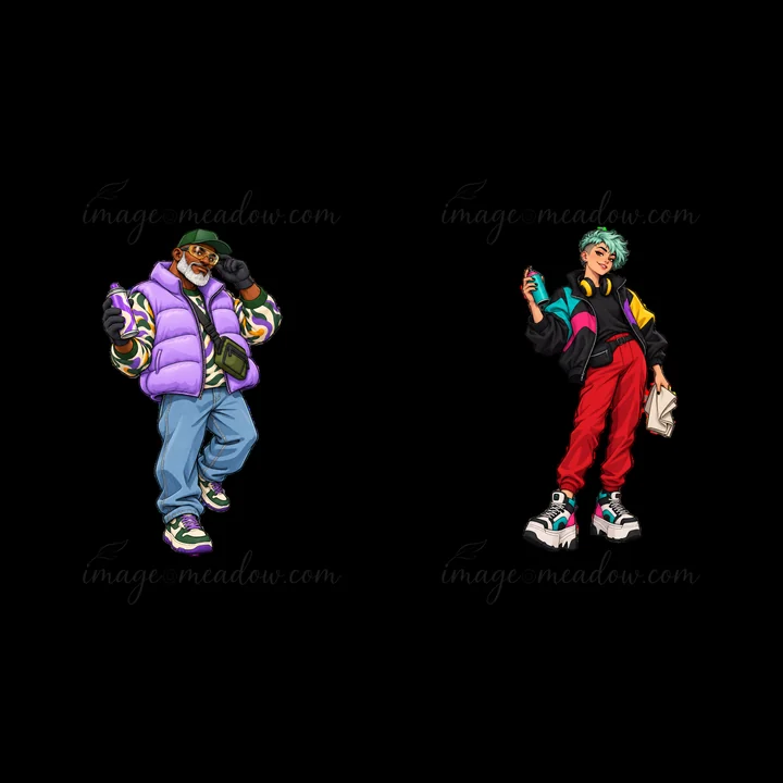 A pair of cartoon characters stand next to each other, one wearing a purple vest and cap holding a spray can, while the other wears colorful streetwear and hold