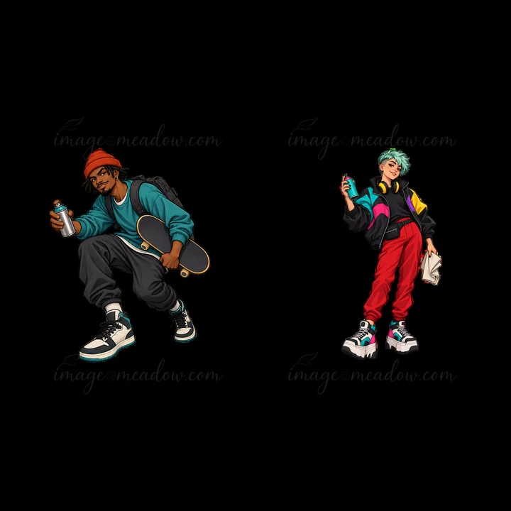 Two cartoon characters stand as graffiti sprayers in streetwear attire. One character crouches with a skateboard, holding a spray can. The other stands with a s