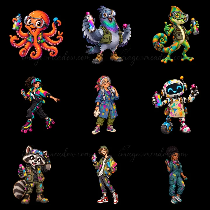 Nine cartoon characters showcase graffiti sprayers in a 3x3 layout. Each character features vibrant colors and distinct styles, including animals, robots, and h