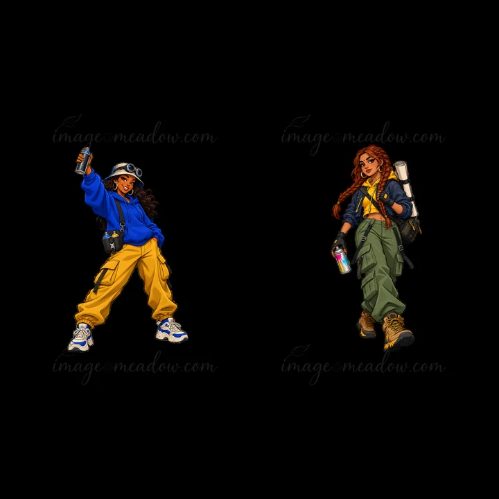 Two cartoon characters stand side by side in urban streetwear. One wears a blue hoodie and yellow pants, holding a spray can. The other is dressed in a green ou