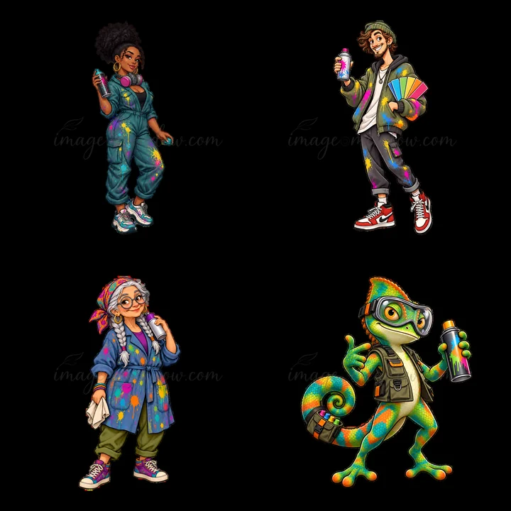 Four characters are preparing to spray graffiti. One person holds spray cans and another carries colorful paint. A chameleon wears glasses and holds cans too. T
