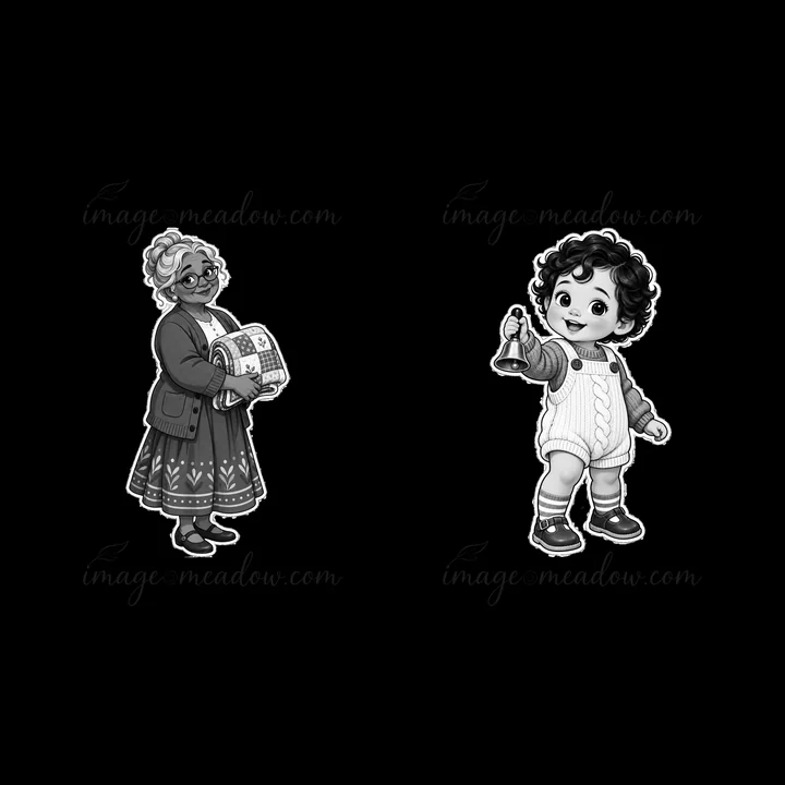 A grandmother holds a wrapped gift and smiles at a child who holds a bell. They stand together in a warm, family setting, representing a bond between generation