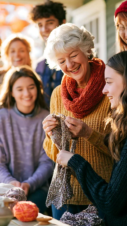 Grandmother knits a scarf while several family members gather around her indoors.