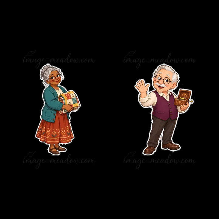 Two grandparents stand together, the grandmother holds a colorful quilt while the grandfather waves and shows a music box. They represent warmth and family trad