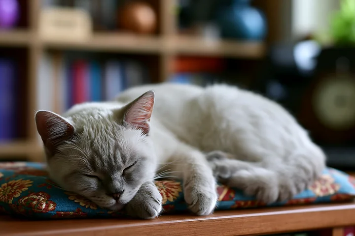 Gray cat sleeping on a colorful patterned cushion atop wooden furniture in a softly blurred home interior.