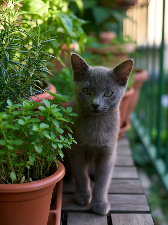 Gray Korat kitten standing on a wooden garden walkway beside leafy potted plants.