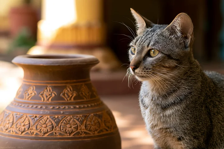 Gray tabby cat in profile beside an ornate brown ceramic vessel in warm indoor light.
