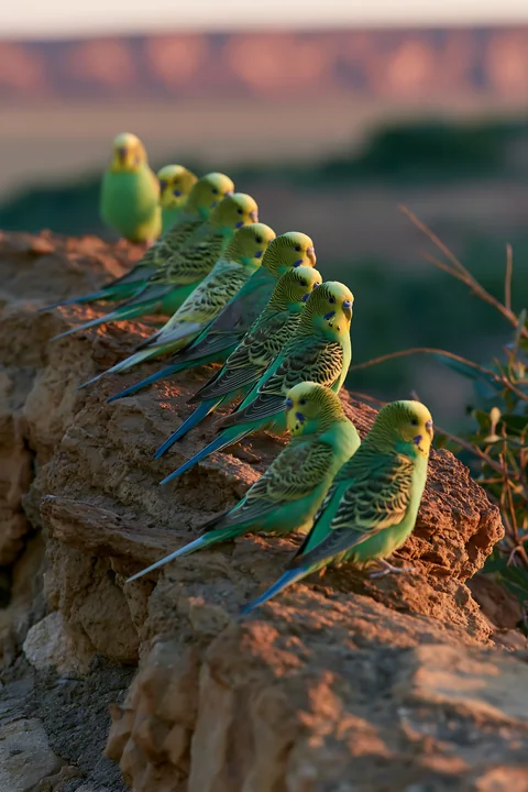 Green and yellow budgerigars perch in a row on sunlit rocks in a desert landscape.
