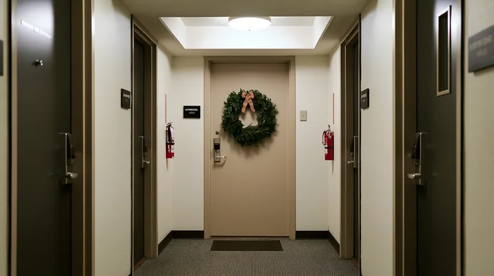 Green Christmas wreath with a bow hangs on an apartment door in a carpeted hallway.