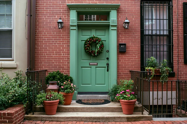 Green front door with a wreath and welcome mat at a brick townhouse entrance with potted plants.