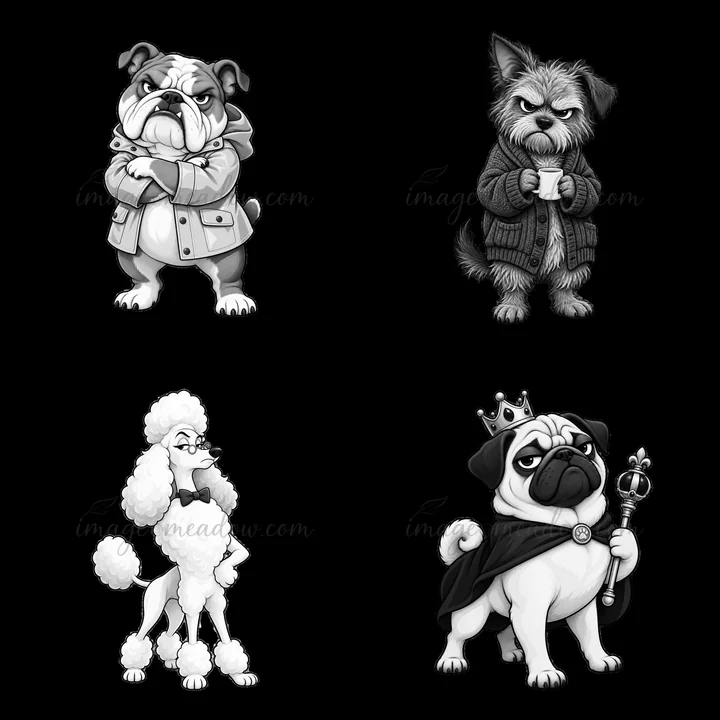 Four cartoon dog stickers show various grumpy expressions. A bulldog with arms crossed, a small dog in a sweater, a poodle with a sassy pose, and a pug wearing