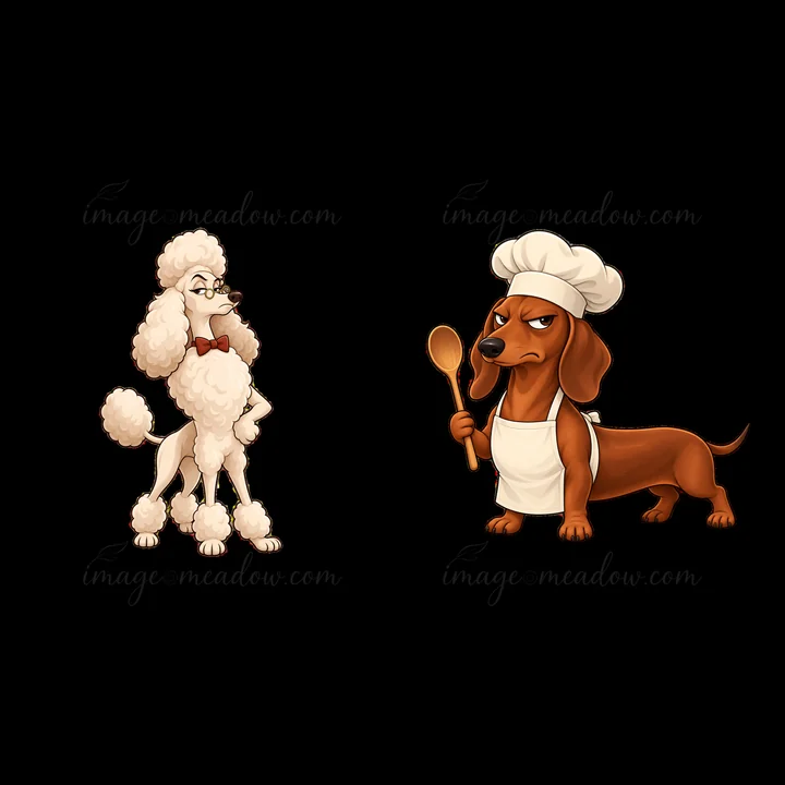 A poodle stands with a grumpy expression while a chef dachshund holds a wooden spoon. Both dogs have distinct features, showcasing their unique personalities in