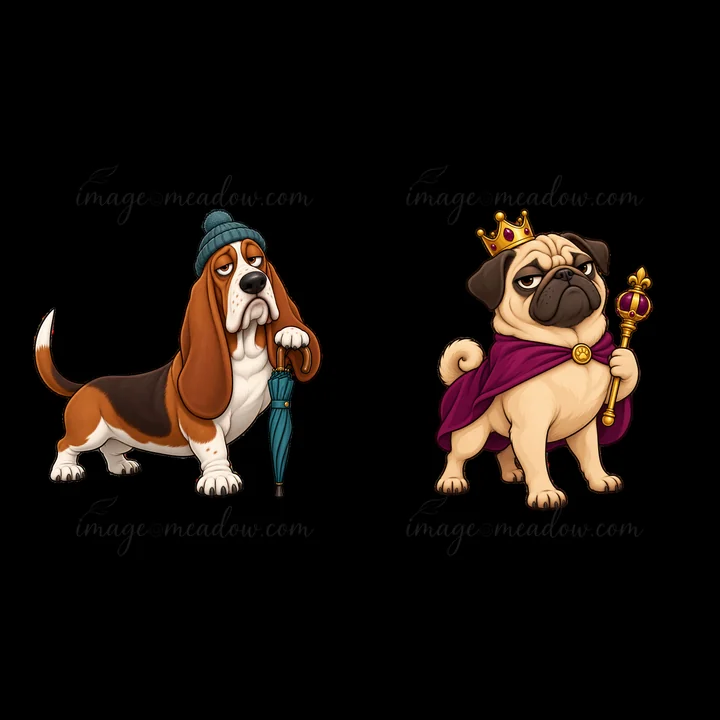 Two cartoon dogs display grumpy expressions. On the left, a basset hound wears a beanie and holds an umbrella. On the right, a pug is crowned and holds a scepte