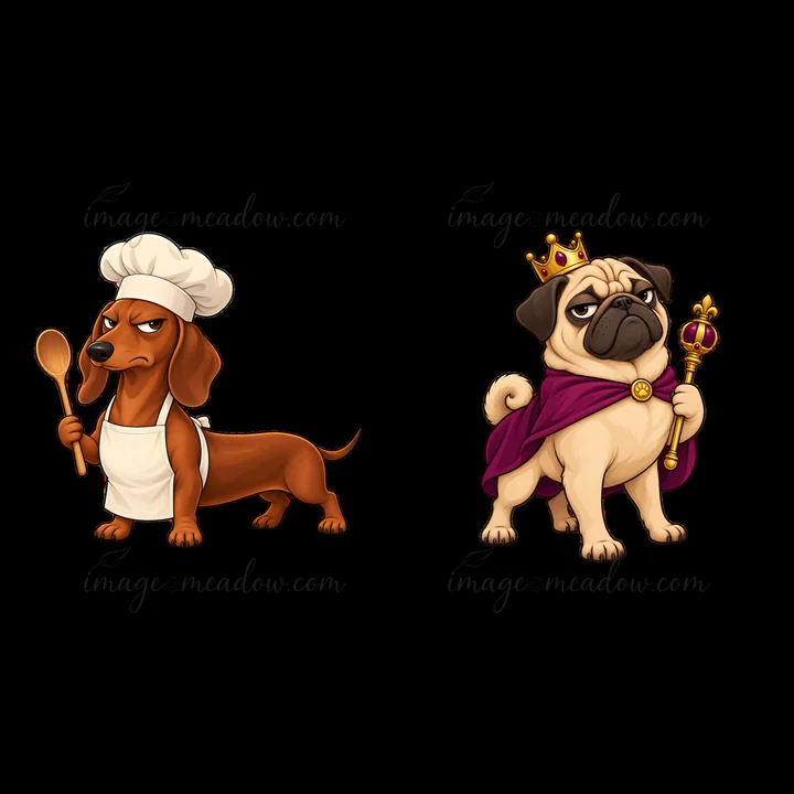 A cartoon illustration features a grumpy brown dachshund dressed as a chef holding a spoon and a frowning cream pug wearing a crown and holding a scepter. They