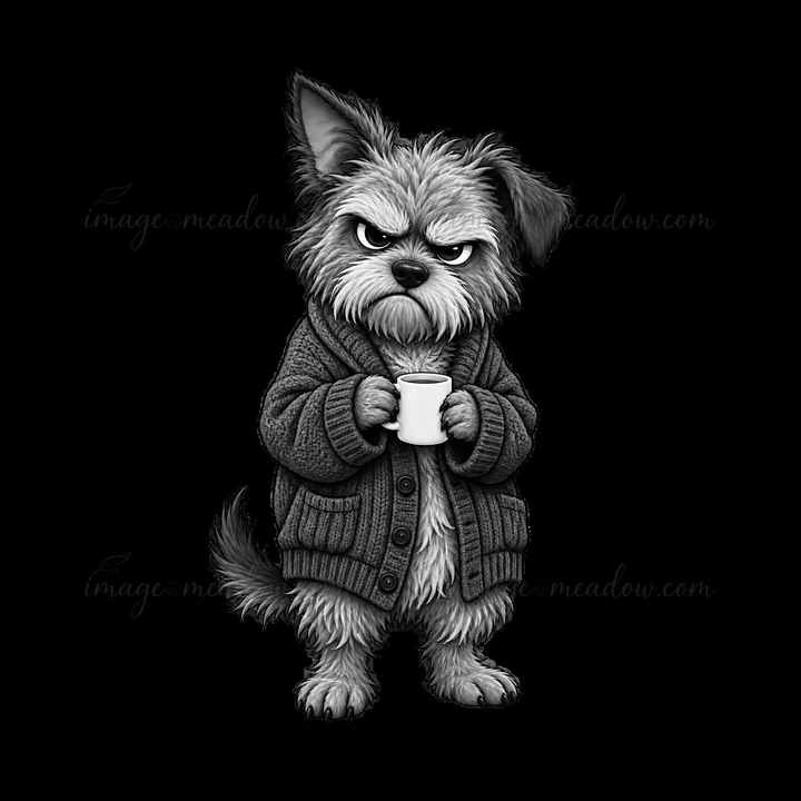 A grumpy dog stands with its paws clutching a coffee mug. It wears a thick, knitted sweater and has an expression of annoyance. The setting emphasizes the dog's