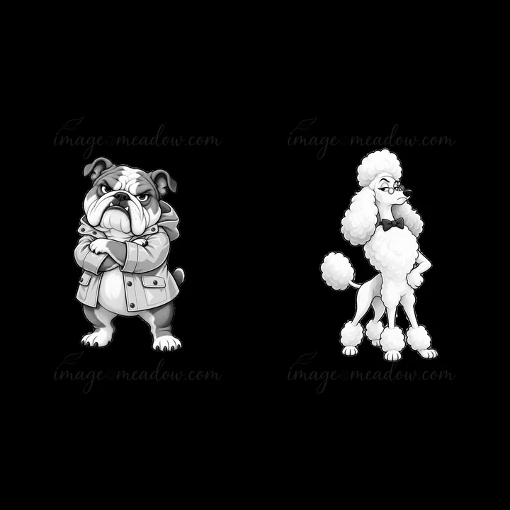A grumpy bulldog wearing a coat stands with its arms crossed beside a poodle with a bowtie. The scene highlights the contrasting personalities of the two dogs i