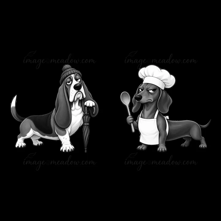 Two cartoon dogs are illustrated in black and white. One dog holds an umbrella and wears a beanie. The other dog is dressed as a chef, holding a spoon. Both dis
