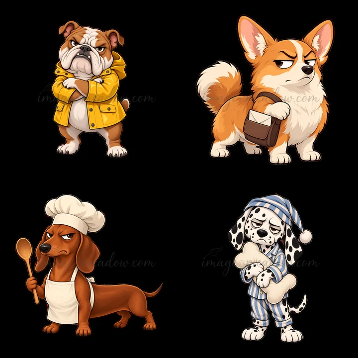 Four cartoon dog stickers show different breeds with grumpy expressions. A bulldog wears a yellow raincoat, a corgi holds a takeout box, a dachshund wears an ap