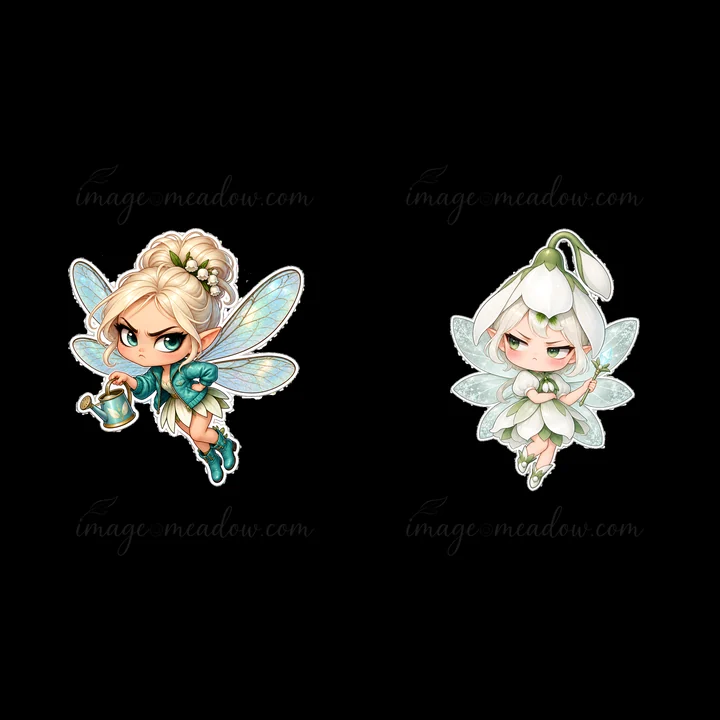 Two cartoon fairy characters show contrasting emotions. One fairy has an annoyed expression while holding a watering can, and the other looks grumpy with a whit