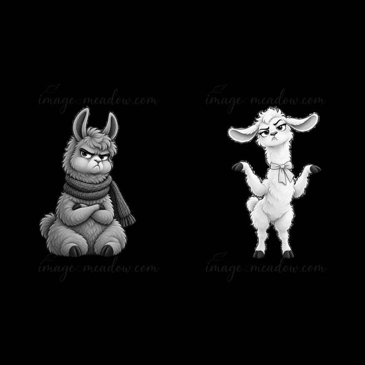 Two cartoon characters feature a grumpy llama wrapped in a scarf and an annoyed goat with a bow. Both animals show strong expressions, perfect for stickers or i