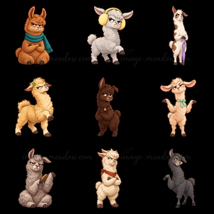 Nine cartoon llamas show different grumpy expressions and poses. Each character features unique colors, accessories, and styles, including scarves, earmuffs, an